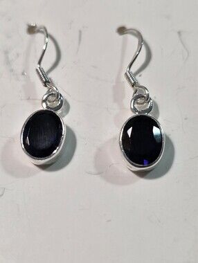 Sterling Silver Dark Blue Iolite Oval Drop Earrings